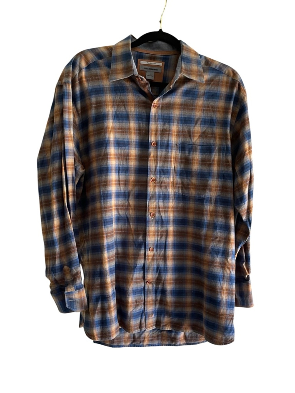 Johnston & Murphy Tailored Fit Button Down Shirt Men’s Large Blue Brown Plaid